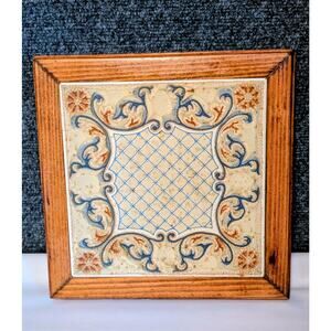 Vintage Italian Ceramic Tile Wood Framed Square Trivet Art Nouveau Pattern